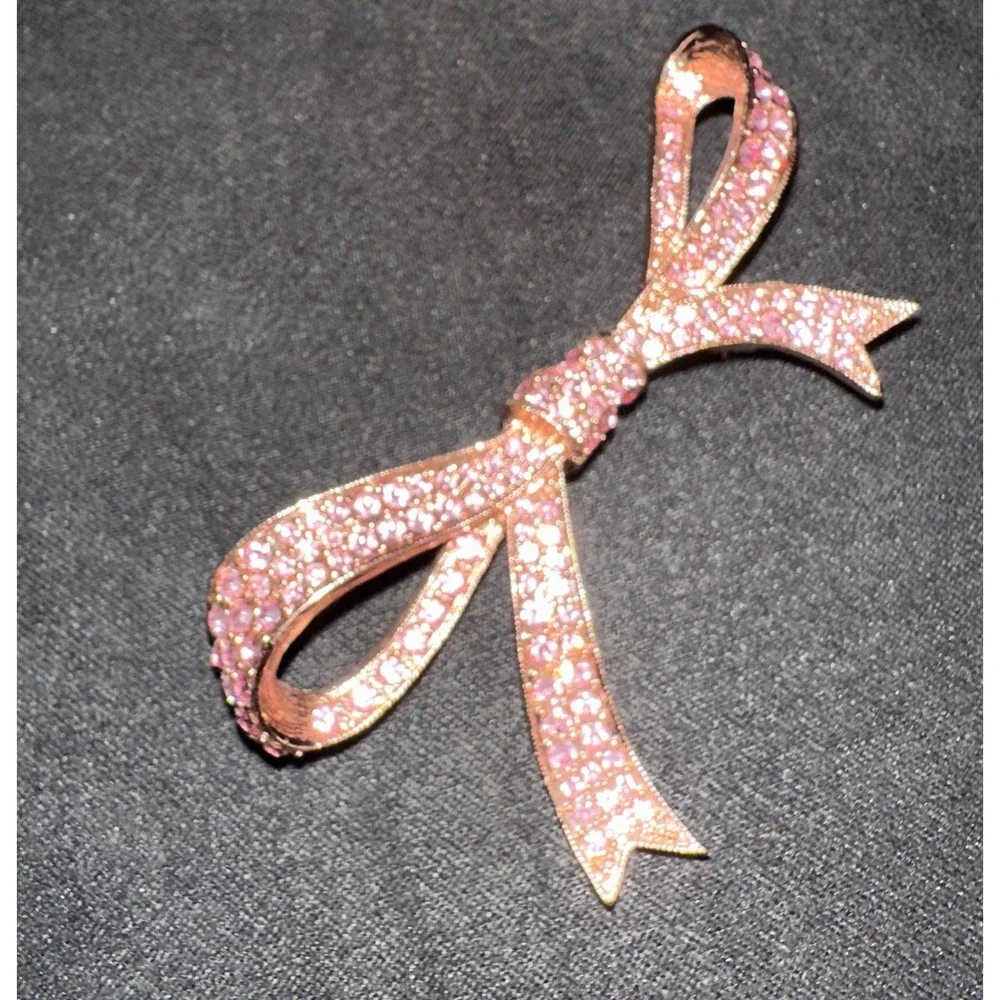 Vintage KJL Kenneth Jay Lane Bow Brooch Pin OS Pink Rhinestone Crystal Rose Gold